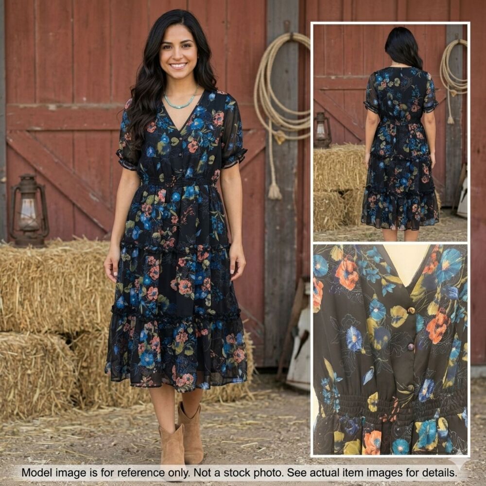 Lapis Black Chiffon Floral V-Neck Tiered‎ Midi Dress M